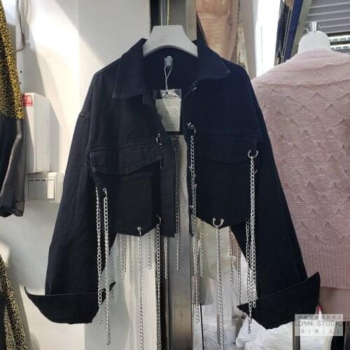 Chain Tassel Short Jeans Jacket Spring Oversized Denim Coat Long Sleeve Short Casual Loose Black Bomber Jacket Streetwear abrigo