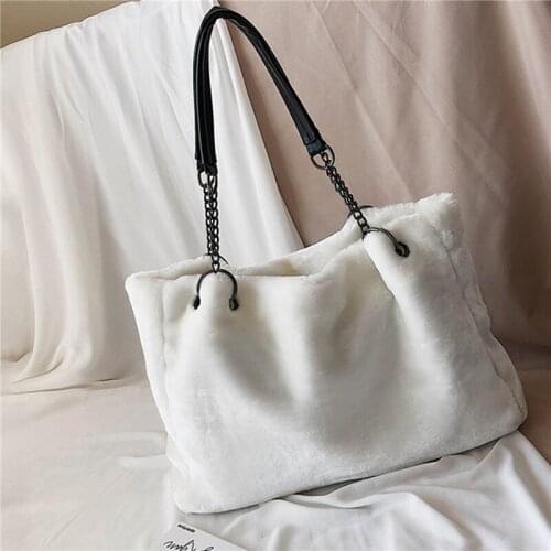 Faux Fur Women Shoulder Bag Casual Plush Lady Tote Handbag Fashion Chain Larger Capacity Shopping Bag Travel Purse Female Winter