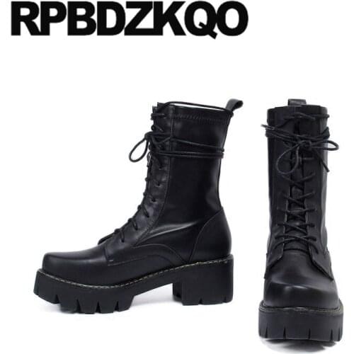 Women Ankle Boots Medium Heel Lace Up Block Army Platform Winter High Quality Military Genuine Leather Chunky Fall Shoes Combat