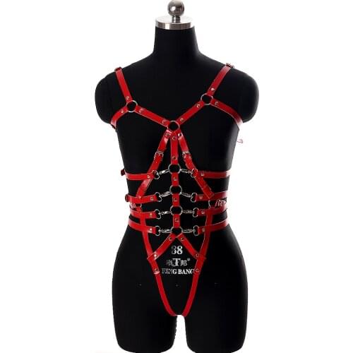 Sexy PU Leather Harness Cage Bra Lingerie Set Fetish Wear Women Goth Body Bondage Hollow Out Garter Belt Cosplay Festival Rave