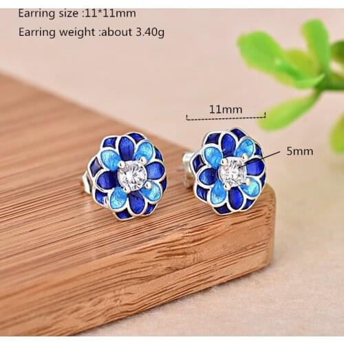 Buyee 925 Sterling Silver Flower Earring Beautiful Blue Enamel and 5mm Zircon Earring for Women Fashion Party Wedding Jewelry