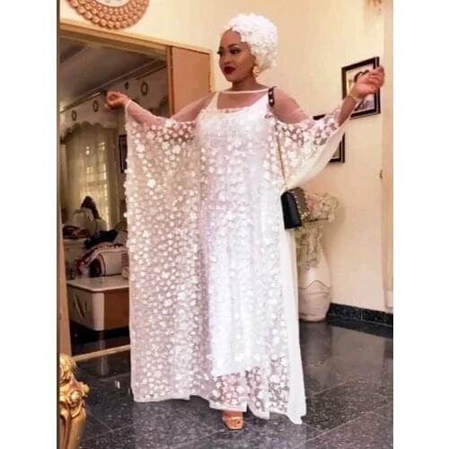 African Dresses For Women Plus Size Long Dress White Lace Maxi Dress African Clothes O-Neck Ruffles Sleeve Long Dress Party club