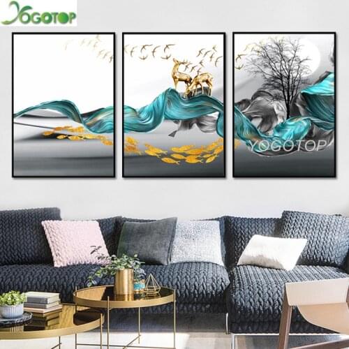 Diy 5d Diamond Painting Nordic Abstract Golden Deer puzzle Full mosaic Diamond Embroidery 3 piece Gold Blue Wall Art ML1383