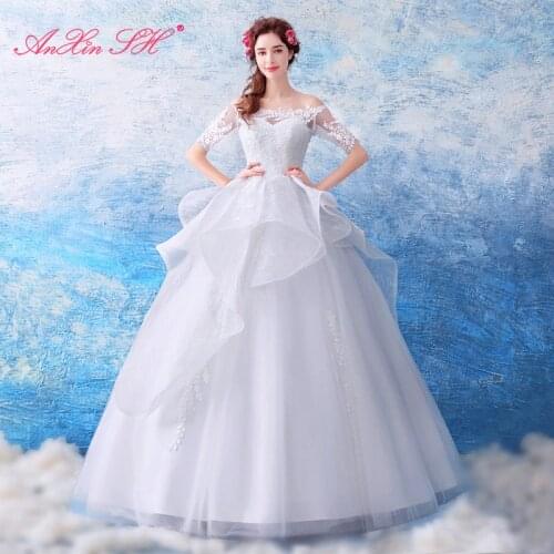 AXJFU Princess vintage flower lace white wedding dress luxury beading crystal illusion boat neck half sleeve wedding dress 9157t