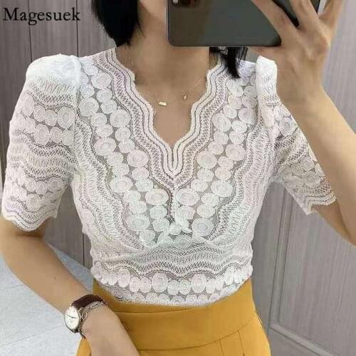 V-neck Summer Lace Blouse Women Gentle Shoulder Pad Tops Waist Slim 2021 Short Sleeve Bottoming Shirt Lace Crochet Blusas 15601