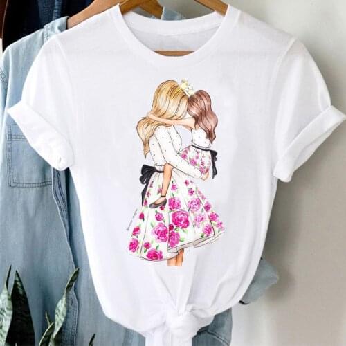 T-shirts Women Floral Watercolor Girl Daughter Cartoon Mom Mother Mama Clothes Stylish Tshirt Top Lady Print Girl Tee T-Shirt