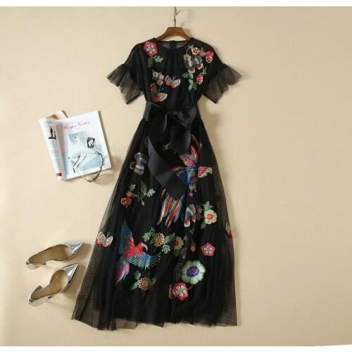 And American womens European clothes spring 2021 new style Short sleeve flower butterfly heavy embroidery gauze dress