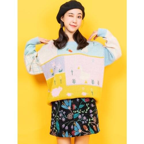 Colorful Duck Cute Womens Knitted Sweater O-neck Pullovers Long Sleeve Fall Loose Sweaters Cute Girls Vintage