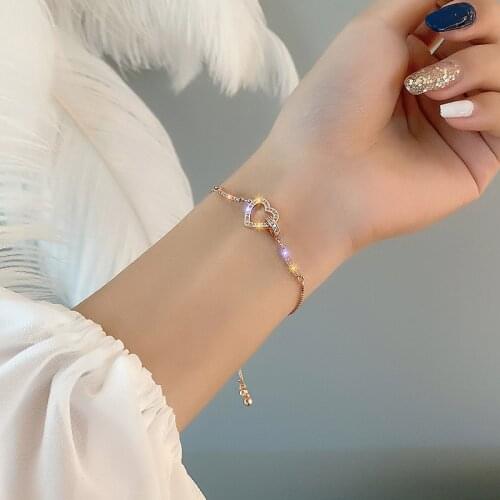Minar Korean Fashion Bling Bling Rhinestones Love Heart Bracelets for Women Rose Gold Color Plaid Charm Bracelets Simple Jewelry