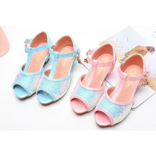 2020 Summer New Children Shoes Girls Princess Sandals Fashion Fish Mouth Sequin Leather Girls Sandals High Heels Kids Shoes