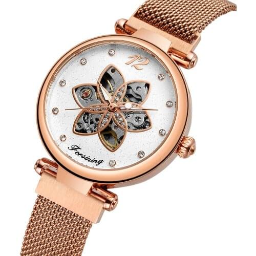 New Arrival Mehanical Womens Watch Forsining Top Brand Luxury Diamond Gold Mesh Waterproof Female Clock Fashion Ladies Watches
