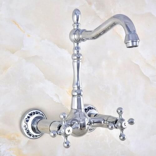 Polished Chrome Brass Ceramic Base Wall Mounted Bathroom Kitchen Sink Faucet Swivel Spout Mixer Tap Dual Cross Handles mnf580
