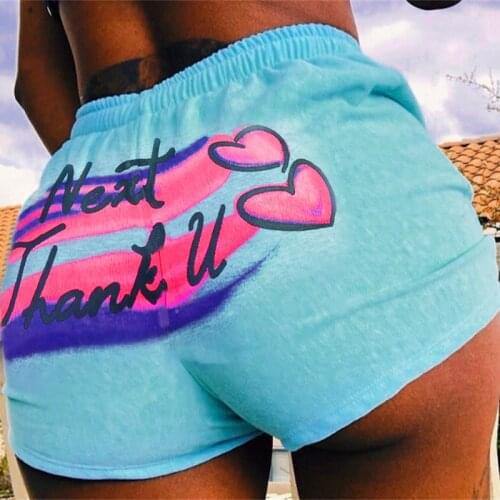 Hot Women Blue Heart print Summer Short Pants Contrast Split Elastic Waist Pirnt Hip Hop Casual Beach Party Shorts