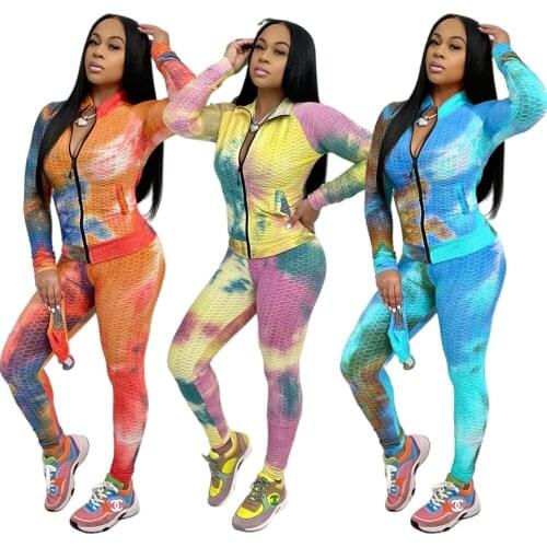 Tie Dye Sport Outfit for Woman Sportswear Long Sleeve 2 Piece Pants Set Womens Tracksuit Gym Wear Workout Clothes Fitness Suit