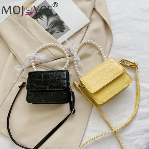 Mini Shoulder Bags Fashion Women Stone Pattern PU Leather Pearl Chain Shoulder Bag Solid Color Mini Purse for Women