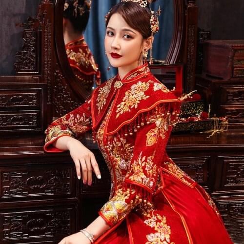 Modern Improved Chinese Traditional Couple Wedding Dress Embroidery Long Cheongsam Stylish Elegant Bride китайская одежда