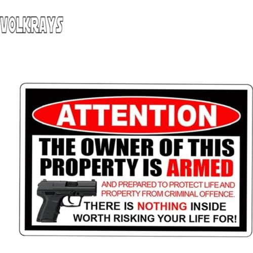 Volkrays Attention Car Sticker Owner Armed Warning Decal 2nd Amendment Gun Firearm Pistol Permit Waterproof Vinyl,13cm*8cm