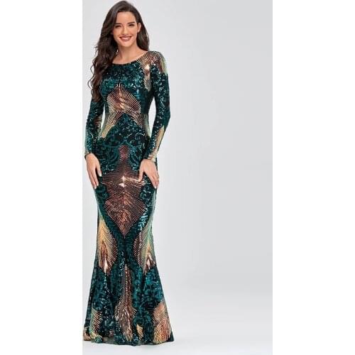 O-neck Long-Sleeve Shinning Sequins Evening Dresses Sexy Backless Mermaid Party Gowns Maxi Elegant Multi Female Robes vestidos
