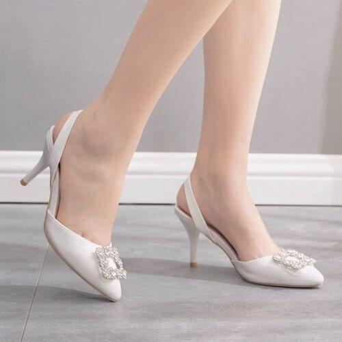 Womens Sandals Wedding Shoes Bridal Satin Stiletto Shallow White Rhinestone Strap Mouth Pointed Pumps