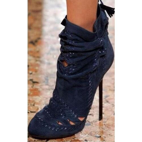 Spring 2017 New Women Dark Blue Sexy Gladiator Cute Out Fringed Tassel Lace Up Round Toe Thin Heels Short Ankle Boots Botas