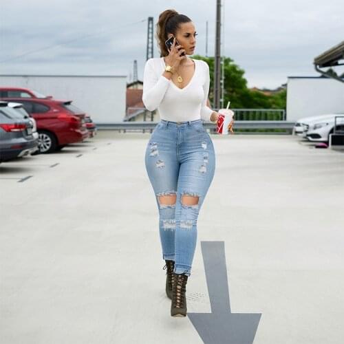 Women Denim Skinny Trousers High Waist Jeans Destroyed Holes Pencil Pants Trousers Autumn Streetwear Female Long Trousers