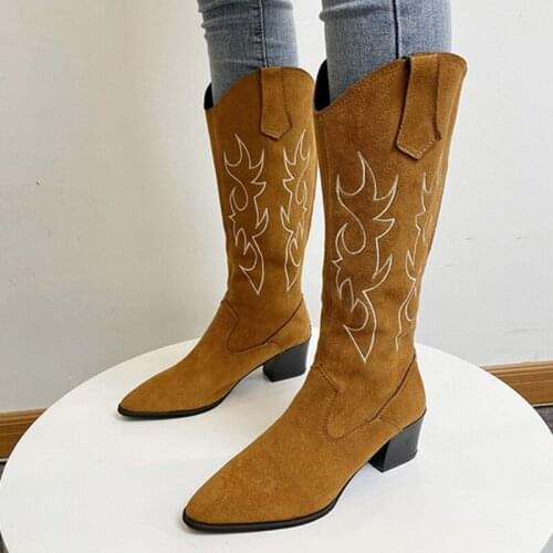 Knee High Boots Women High Heels Fashion Western Boots Plush Embroidery Pointed Toe Shoes Female Winter Shoes Motorcycle Boots