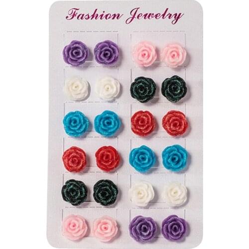 12 Pairs Resin Rose Flower Ear Studs Women Earrings Jewelry 6 Colors Cute