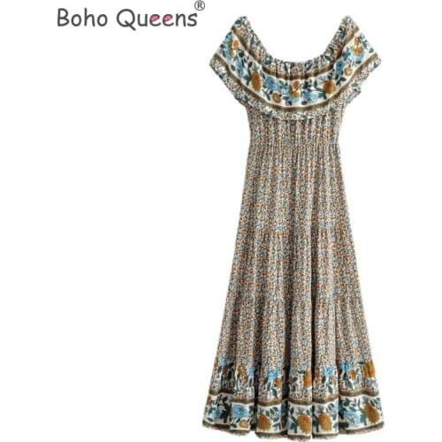 Boho Women floral print short sleeve Bohemian happie dress Ladies off shoulder rayon maxi dress vestidos