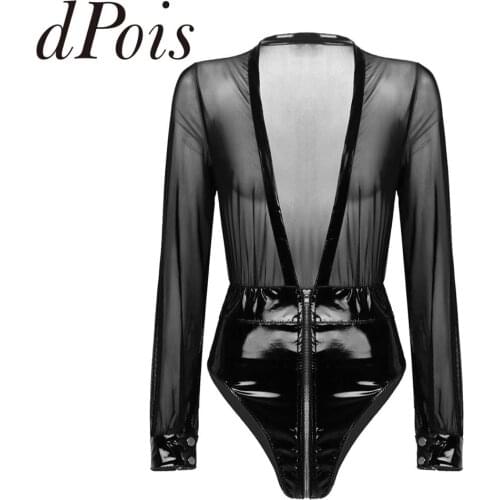 Women Sexy One Piece See Through Sheer Mesh Splice Wet Look Patent Leather Lingerie Zipper Deep V Neck Long Sleeves Bodysuit