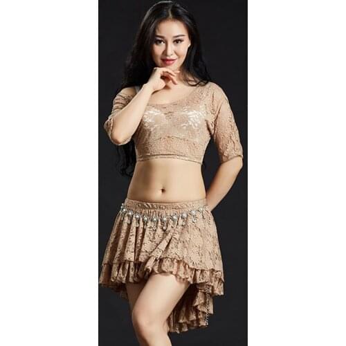 2021 New 5046 Belly Dance Dress Women Half Sleeeve Lace Tops Lotus Skirt Latin Dance Dress Performance Modern Dancing Dress