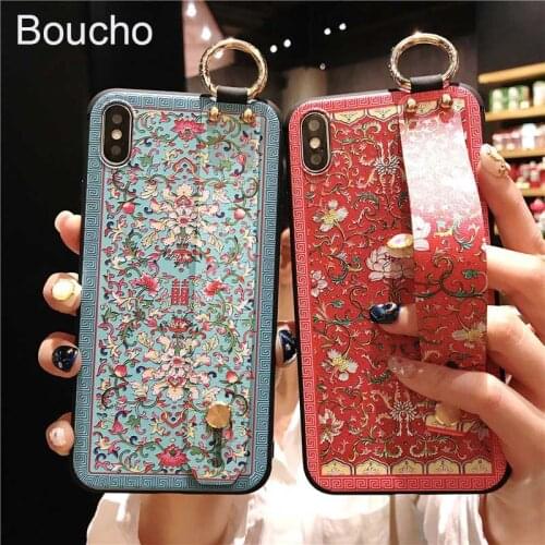 Boucho Retro Chinese style Wrist Strap Phone Case For iphone X XS Max XR 8 7 6 6s plus 8plus Flower Soft TPU Cases Cover 7plus