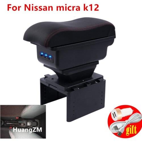 For Nissan micra k12 Armrest box Interior Parts special Retrofit parts Car Armrest Center Storage box with USB LED light