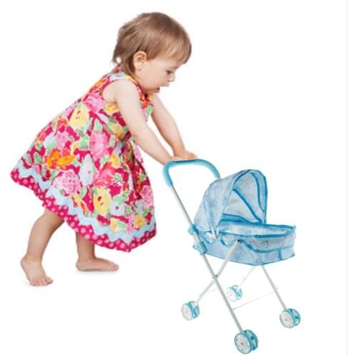 Simulation Toys Blue Little Bear Foldable Doll Stroller With 4 Swivel Wheels