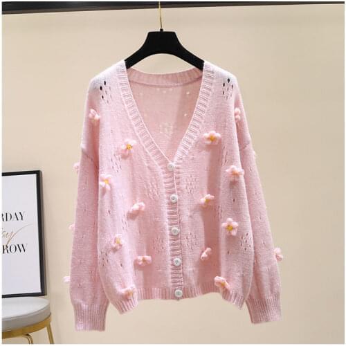 Korobov Korean Sweet Chic Autumn New Women Cardigans 2021 New Fashion V Neck Hollow Out Flower Cardigan Outwear Sweater