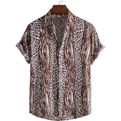 Patchwork Shirt Mens Short Sleeve Print Mens Aloha Shirt Beach Holiday Camisas Summer Oversized Leopard Zebra Splice Camisa