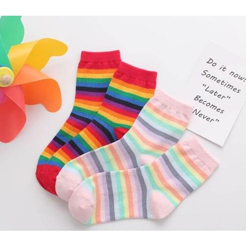 1Pair Korean Style Cotton Mid Tube Socks Breathable Rainbow Striped Harajuku Socks for Women Girl Pink Retro Red Cute Sock