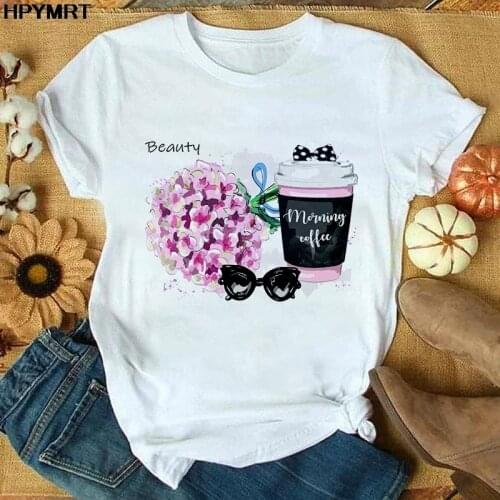 New Beauty Flower Coffee T Shirt Womens Short Sleeve Lady Tops Fashion Tshirt Ladies Graphic Harajuku Female T-shirts Clothes