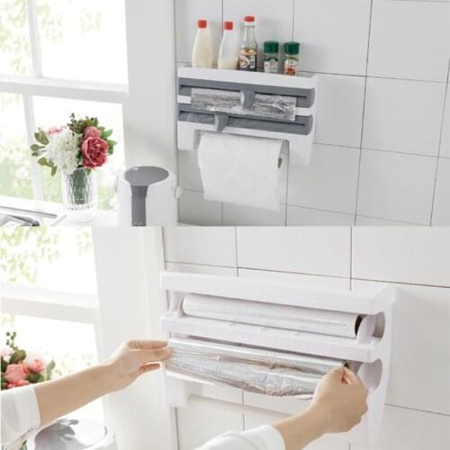 New 4 In 1 Kitchen Organizer Paper Towel Holder Cling Sauce Bottle Storage Rack Film Cutting Holder Storage Cutting Rack Film