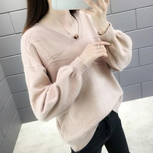 2021 Autumn Winter New Short Knitted Sweater Pullovers Fashion Women Casual Korean Solid Loose V-Neck Warm Sweaters Female Tops