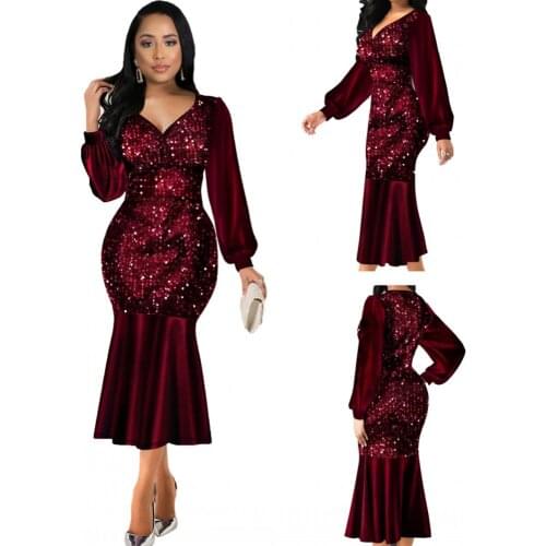 Long Sleeve Dress Sexy Women Clothing Tight Fishtail Skirt Sequined V-Neck Evening Dresses Party Dress Spring Autumn Clothing