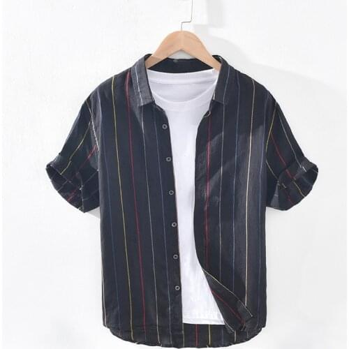 Pure Linen Short Sleeve Shirt for Men Summer New Japanese Fashion Tops Male Vintage Striped Slim Fit Hemp Shirt