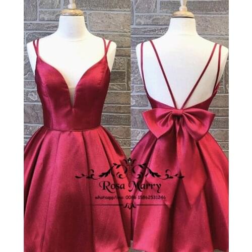 Sexy Red Short Cheap Homecoming Dresses 2020 A Line Backless Knot Bow Knee Length Simple Satin Formal Cocktail Prom Party Gowns