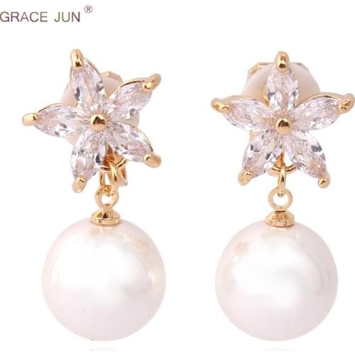 GRACE JUN High Qualtiy Pearl AAA Cubic Zircon Clip on Earrings No Pierced for Women Elegant Fashion Cuff Earrings Wholesale