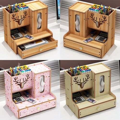 School Supply Storage DIY Wooden Desk Organizer With Drawer Tissue Napkin Box Pen Holder Box Desktop Stationary For Students