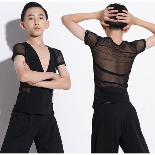 Latin Dance Tops Summer Boys Short Sleeve Sexy Mesh V-Neck Dancewear Latin Practice Clothes Latin Performance Costumes G5061