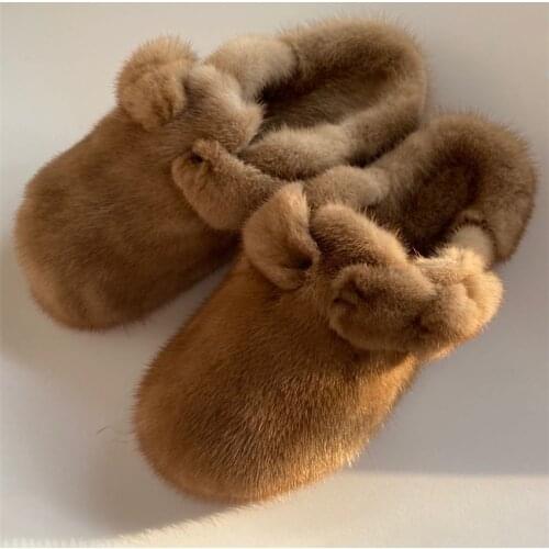 Womens Fur Slippers 100% Mink Fur Slippers Summer Fur Slippers Furry Flat Slippers Indoor Slippers