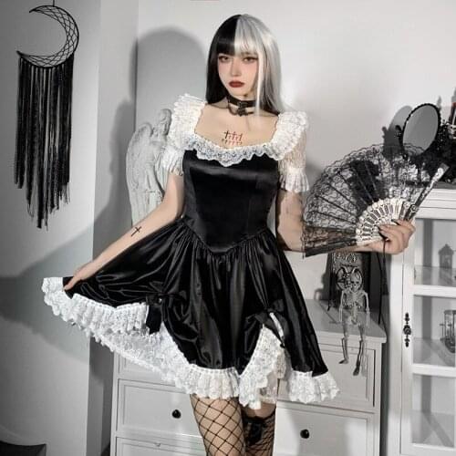 Women Dress with Lace Puff Sleeve Stitching, Bow Decoration High Waist Spring Clothing dresses for women 2021 elegant gothic