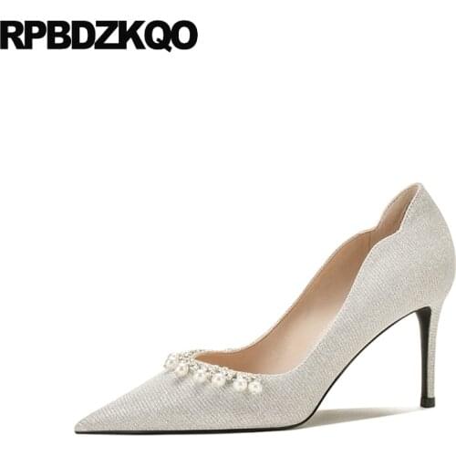 Glitter High Heels Shoes Sequin Pointed Toe Pumps Silver Girls Bride Cinderella 8cm Pearl Women Scarpin Prom Bridesmaid Diamond