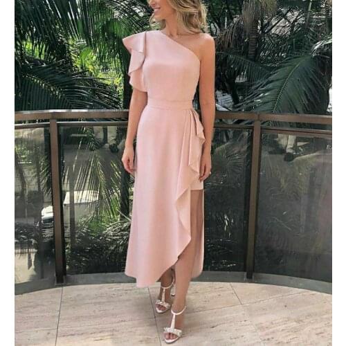 Elegant One Shoulder Chiffon Long Evening Dresses with Slit Ankle Length Zipper Back Formal Party Gowns for Women