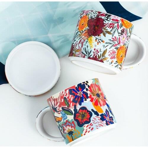 Coffee mugs Creative hand painted flower ceramic mug with lid